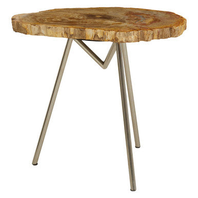 Natural Large Rustic Petrified Wood Top Side Table with Silver Finish Metal Frame | Relic