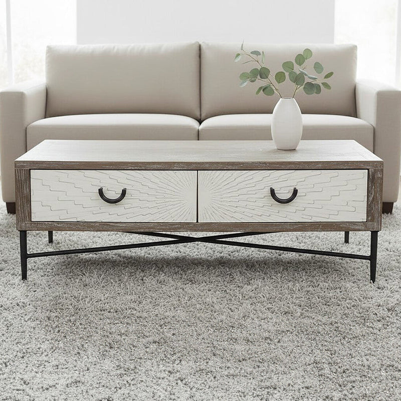 Dark Mud Grey Recycled Elm Wood Coffee Table with Two Storage Drawers and Metal Frame | Milan