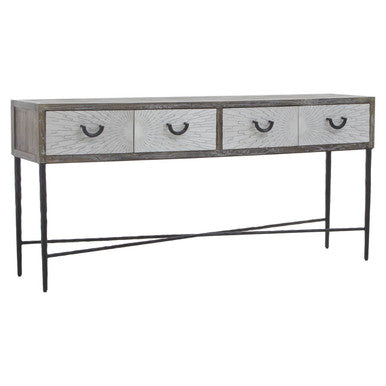 Dark Mud Grey Elm Wood 4-Drawer Console Table Textured Drawer Fronts and Antique Metal Legs | Milan