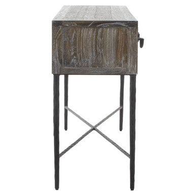 Dark Mud Grey Elm Wood 4-Drawer Console Table Textured Drawer Fronts and Antique Metal Legs | Milan