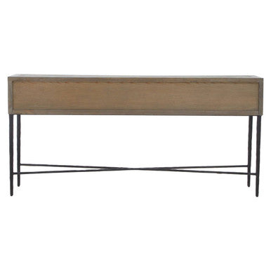 Dark Mud Grey Elm Wood 4-Drawer Console Table Textured Drawer Fronts and Antique Metal Legs | Milan