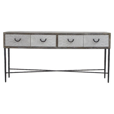 Dark Mud Grey Elm Wood 4-Drawer Console Table Textured Drawer Fronts and Antique Metal Legs | Milan