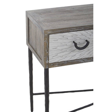 Dark Mud Grey Elm Wood 4-Drawer Console Table Textured Drawer Fronts and Antique Metal Legs | Milan