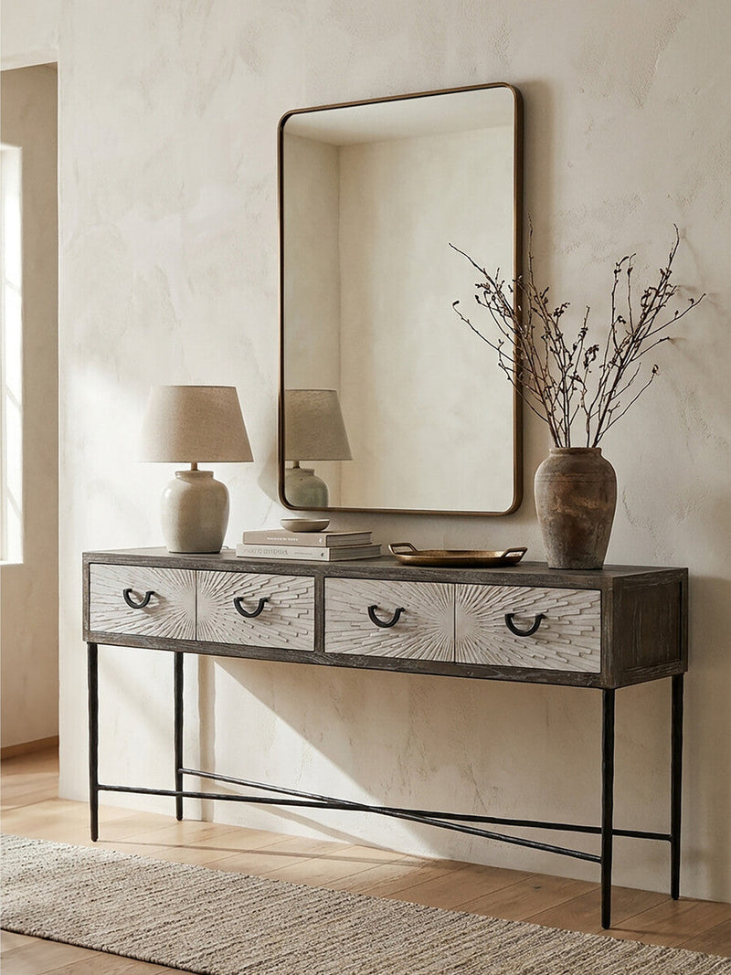 Dark Mud Grey Elm Wood 4-Drawer Console Table Textured Drawer Fronts and Antique Metal Legs | Milan