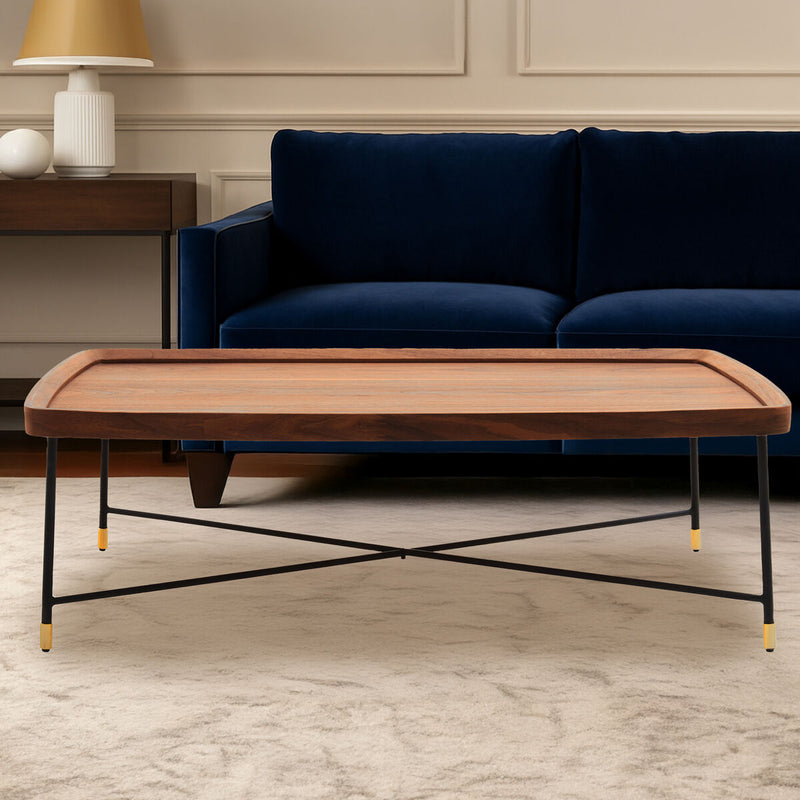 Natural Wooden Top Coffee Table with Black Cross Metal Legs | Doha