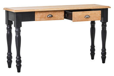 Natural Oak Veneer Top 2-Drawer Console Table with Black Knopped Birchwood Legs and Silver Cupped Handles | Kensington Townhouse