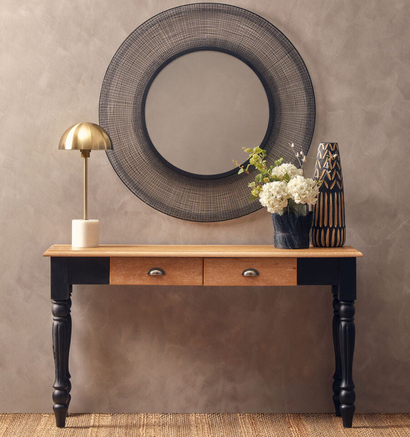 Natural Oak Veneer Top 2-Drawer Console Table with Black Knopped Birchwood Legs and Silver Cupped Handles | Kensington Townhouse