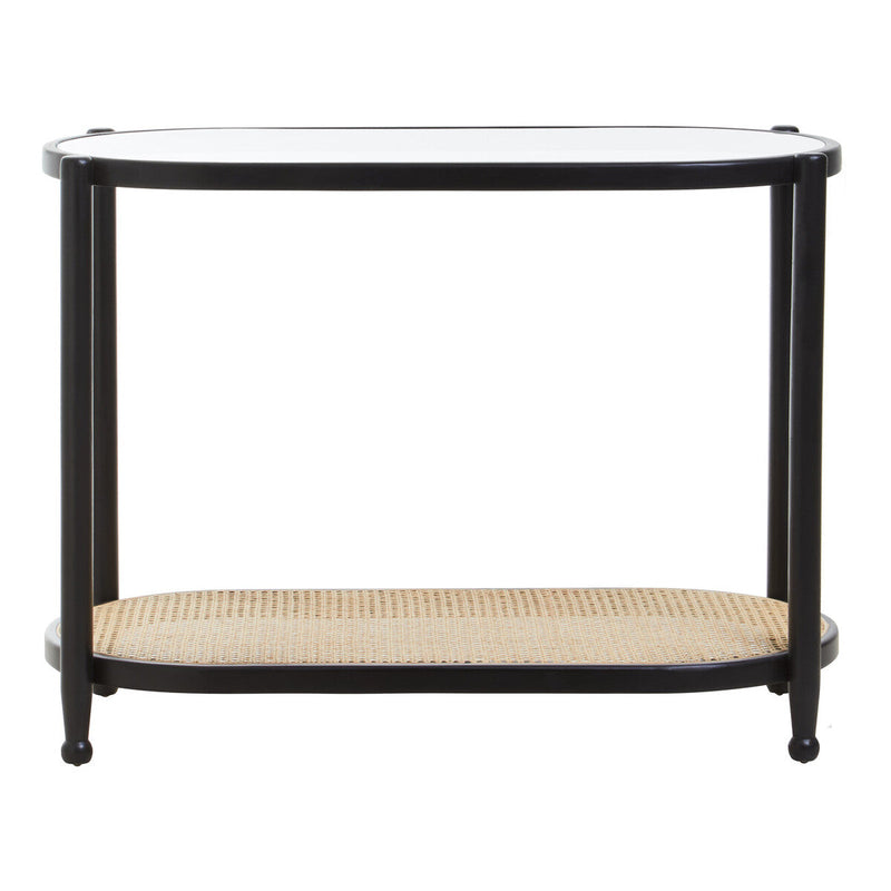 Black Elm Wooden Frame and Clear Glass Top 2-Tier Console Table with Natural Rattan Shelf | Cebu