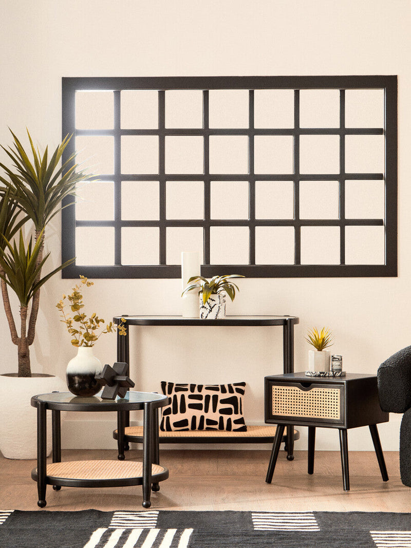Black Elm Wooden Frame and Clear Glass Top 2-Tier Console Table with Natural Rattan Shelf | Cebu