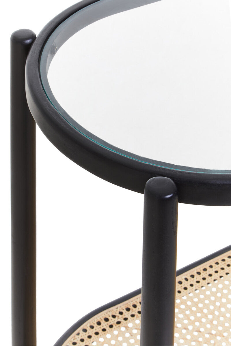 Black Elm Wooden Frame and Clear Glass Top 2-Tier Console Table with Natural Rattan Shelf | Cebu