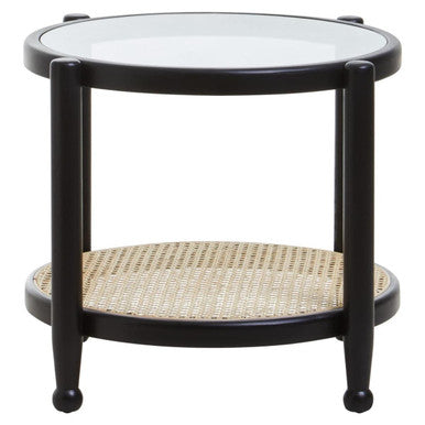 Black Elm Wood Side Table with Glass Top and Cane Open Weave Lower Shelf | Cebu