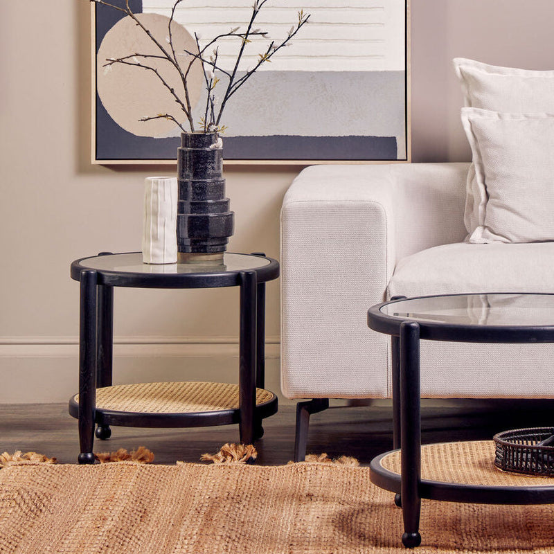 Black Elm Wood Side Table with Glass Top and Cane Open Weave Lower Shelf | Cebu