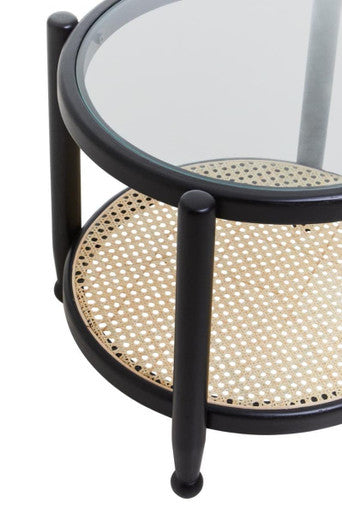 Black Elm Wood Side Table with Glass Top and Cane Open Weave Lower Shelf | Cebu