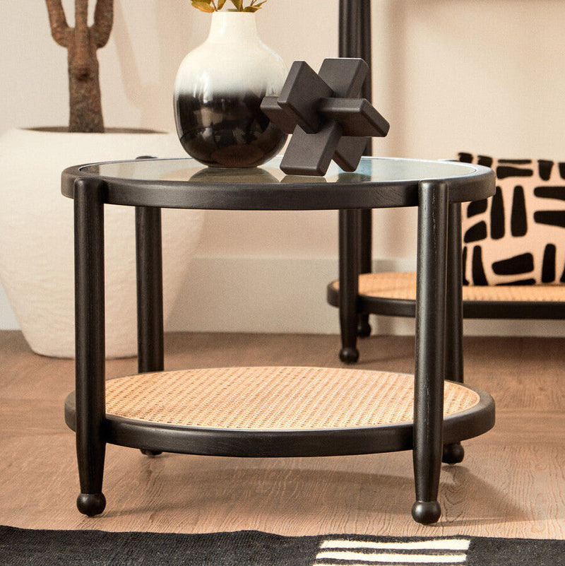 Black Wood and Rattan Frame Coffee Table with Glass Top | Cebu