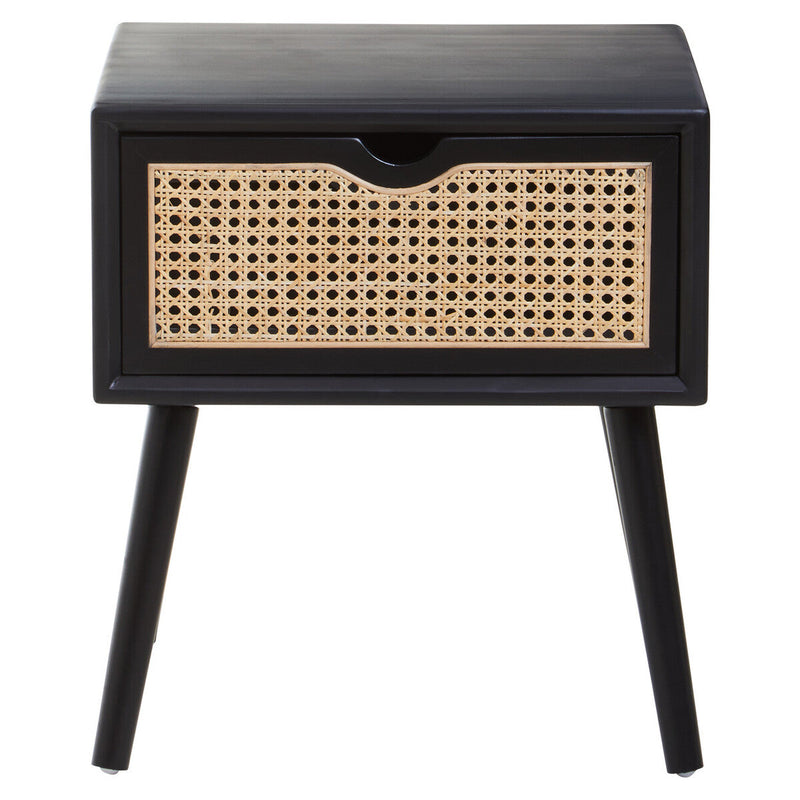 Black Elm Wood Side Table with Natural Cane Weave 1 Drawer and Angular Legs | Cebu