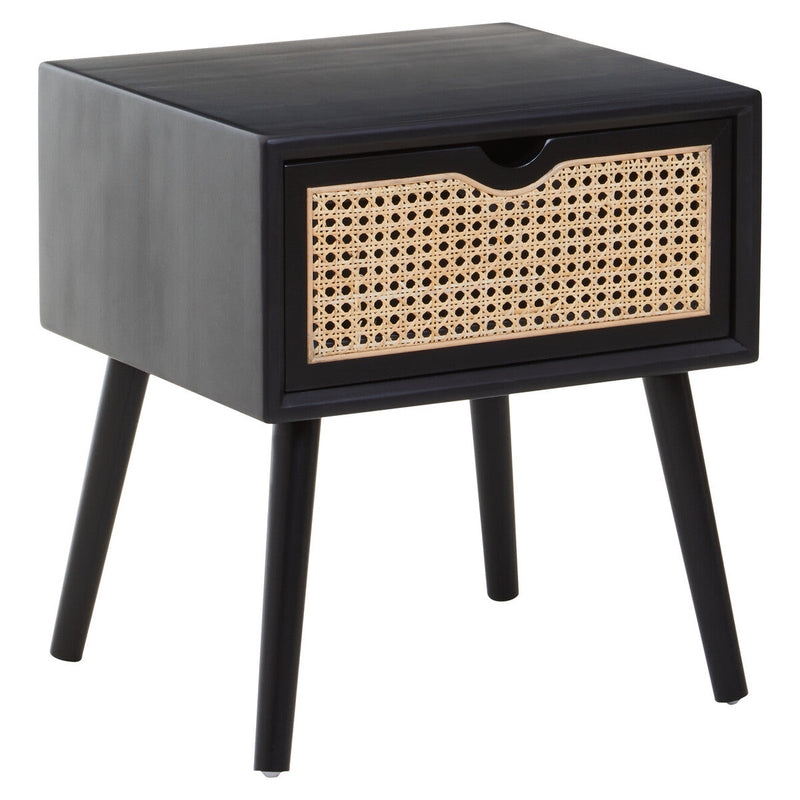 Black Elm Wood Side Table with Natural Cane Weave 1 Drawer and Angular Legs | Cebu
