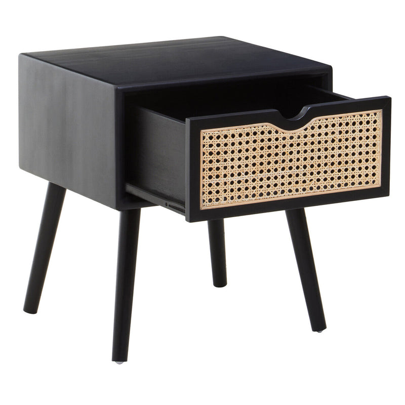 Black Elm Wood Side Table with Natural Cane Weave 1 Drawer and Angular Legs | Cebu