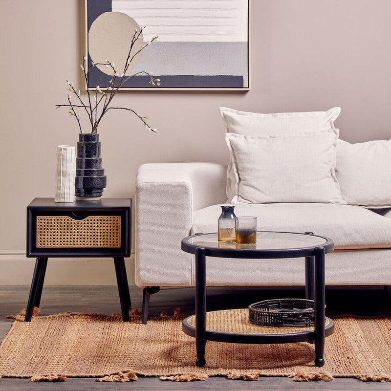 Black Elm Wood Side Table with Natural Cane Weave 1 Drawer and Angular Legs | Cebu
