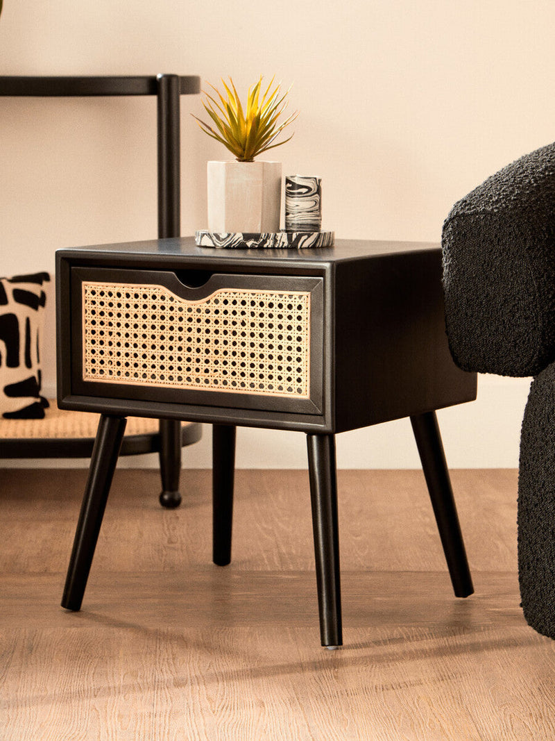 Black Elm Wood Side Table with Natural Cane Weave 1 Drawer and Angular Legs | Cebu