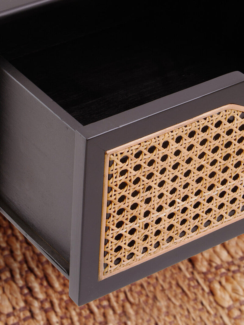 Black Elm Wood Side Table with Natural Cane Weave 1 Drawer and Angular Legs | Cebu