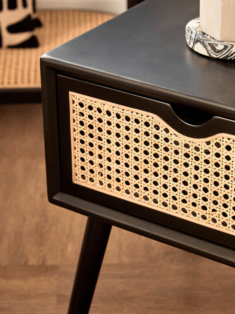 Black Elm Wood Side Table with Natural Cane Weave 1 Drawer and Angular Legs | Cebu