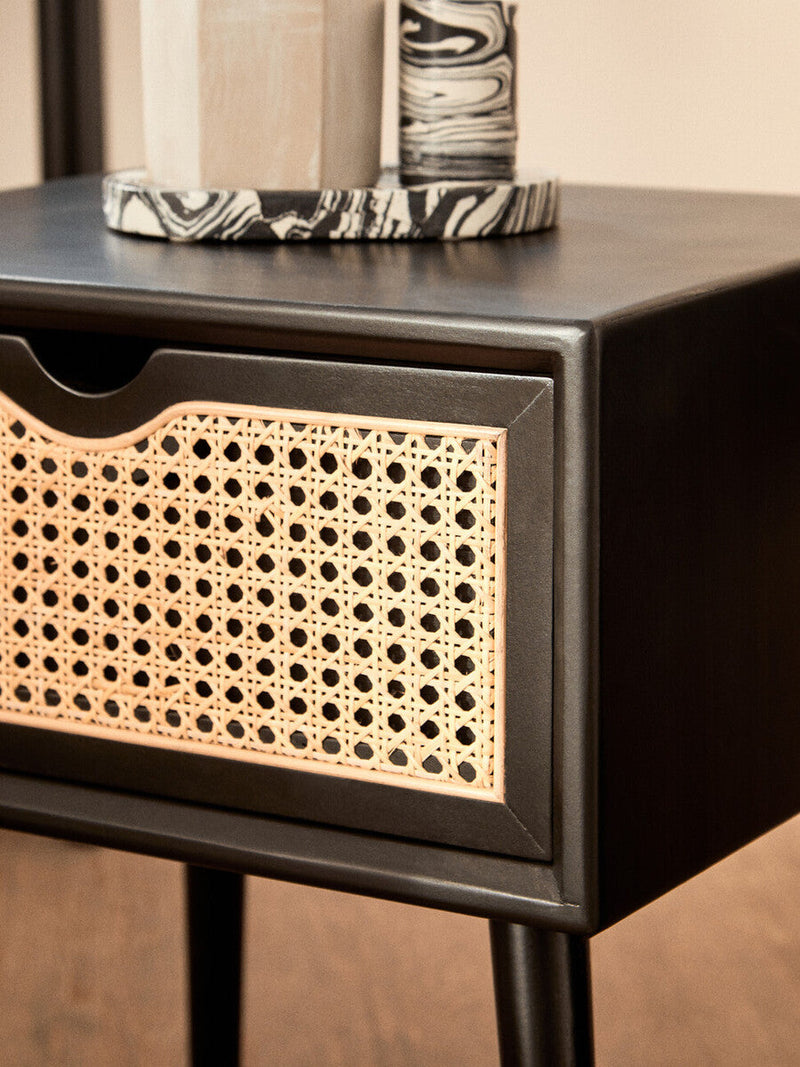 Black Elm Wood Side Table with Natural Cane Weave 1 Drawer and Angular Legs | Cebu