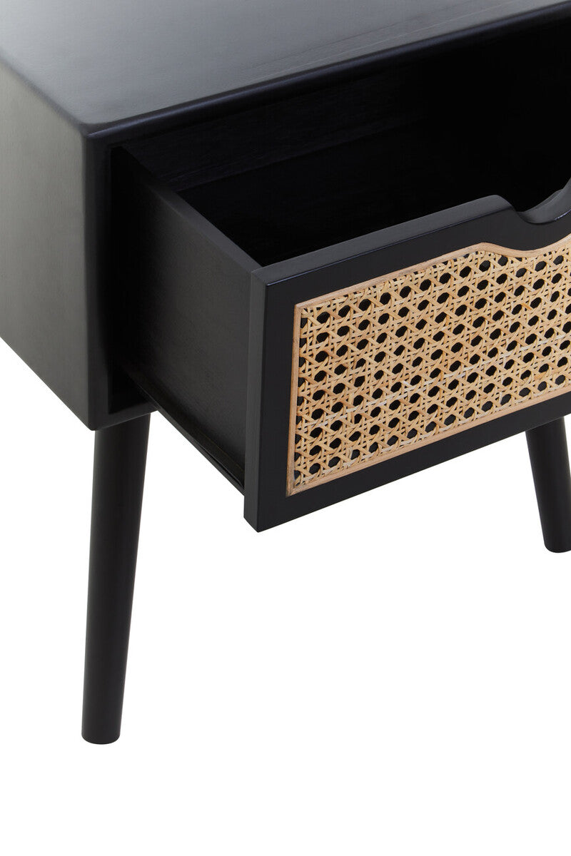 Black Elm Wood Side Table with Natural Cane Weave 1 Drawer and Angular Legs | Cebu