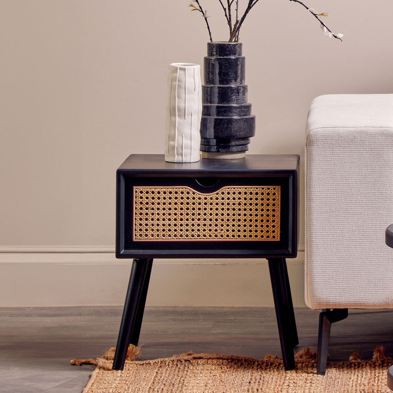 Black Elm Wood Side Table with Natural Cane Weave 1 Drawer and Angular Legs | Cebu