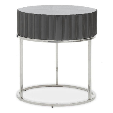 Grey Gloss Round Fluted Top Side Table with Silver Stainless Steel Frame | Genoa