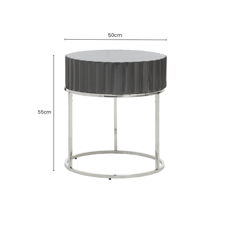 Grey Gloss Round Fluted Top Side Table with Silver Stainless Steel Frame | Genoa