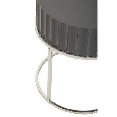 Grey Gloss Round Fluted Top Side Table with Silver Stainless Steel Frame | Genoa