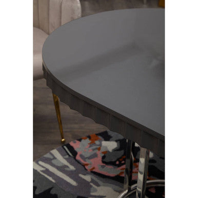Grey High Gloss Oval Dining Table with Fluted Edge and Polished Stainless Steel Sledge Base | Genoa