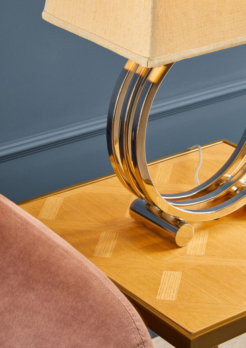 Natural Oak Veneer Large Side Table with Brown Brushed Brass Steel Sledge Base | Grenoble