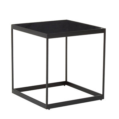 Black Square Side Table with White Marble Inlay Line and Powder-Coated Metal Frame, Genoa