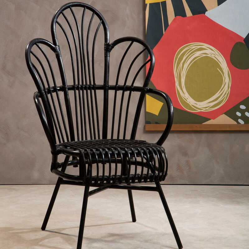 Black Natural Rattan and Black Metal Scalloped Back Chair | Java