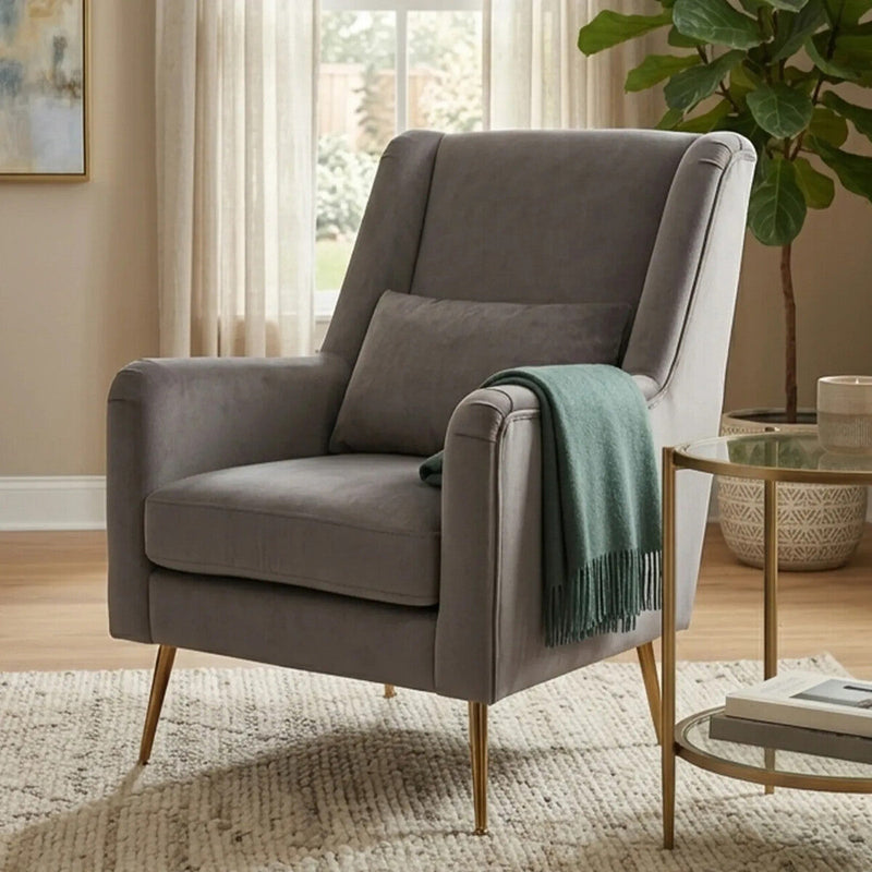 Grey Velvet Chair with Gold Finish Legs | Doucet
