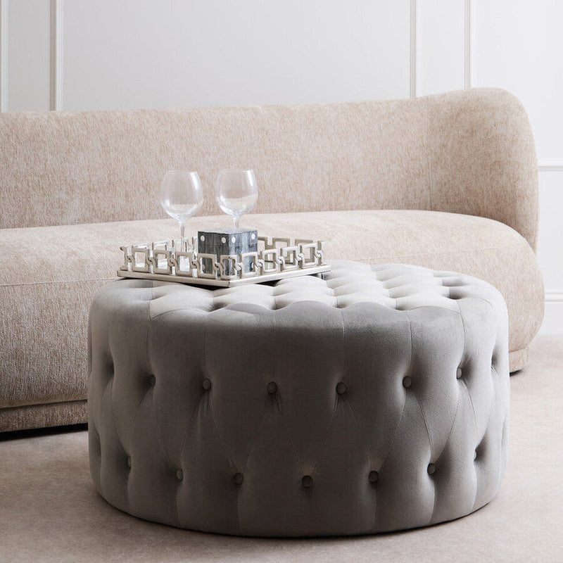Grey Velvet Round Tufted Footstool | Haley