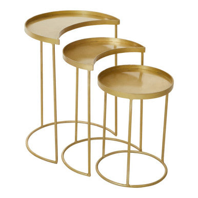 Set of 3 Antique Brass Finish Metallic Nesting Side Tables with Slim Legs and Half-Moon Tops, Suar