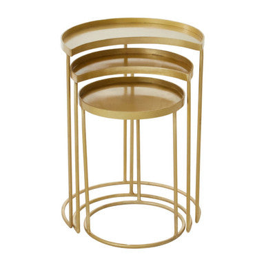 Set of 3 Antique Brass Finish Metallic Nesting Side Tables with Slim Legs and Half-Moon Tops, Suar