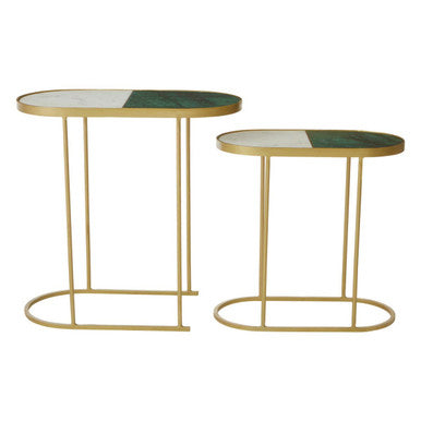 Set of 2 Marble Top Nesting Side Tables with Slim Antique Brass Finish Geometric Base | Suar