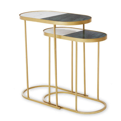 Set of 2 Marble Top Nesting Side Tables with Slim Antique Brass Finish Geometric Base | Suar