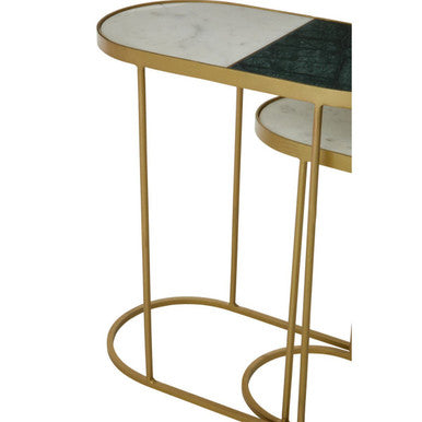 Set of 2 Marble Top Nesting Side Tables with Slim Antique Brass Finish Geometric Base | Suar