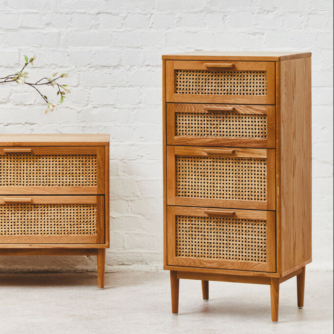Rattan and Oak Wood Chest of Four Drawers | Lyon