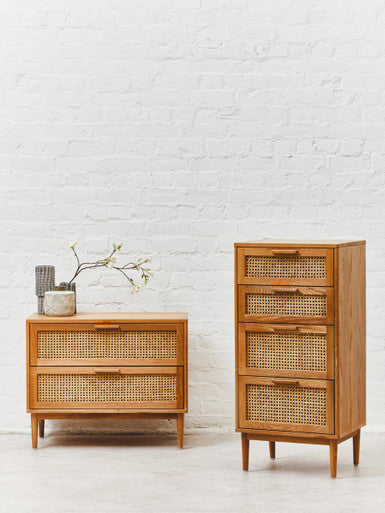 Rattan and Oak Wood Chest of Four Drawers | Lyon