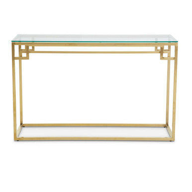 Geometric Gold Brushed Stainless Steel Console Table with Tempered Glass Top | Allure