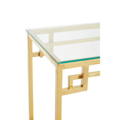 Geometric Gold Brushed Stainless Steel Console Table with Tempered Glass Top | Allure