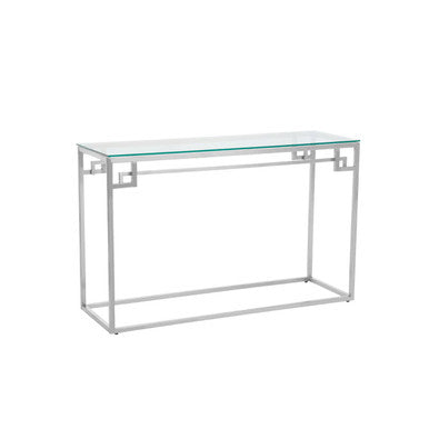 Geometric Silver Finish Stainless Steel Console Table with Tempered Glass Top | Allure
