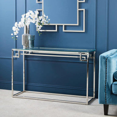 Geometric Silver Finish Stainless Steel Console Table with Tempered Glass Top | Allure