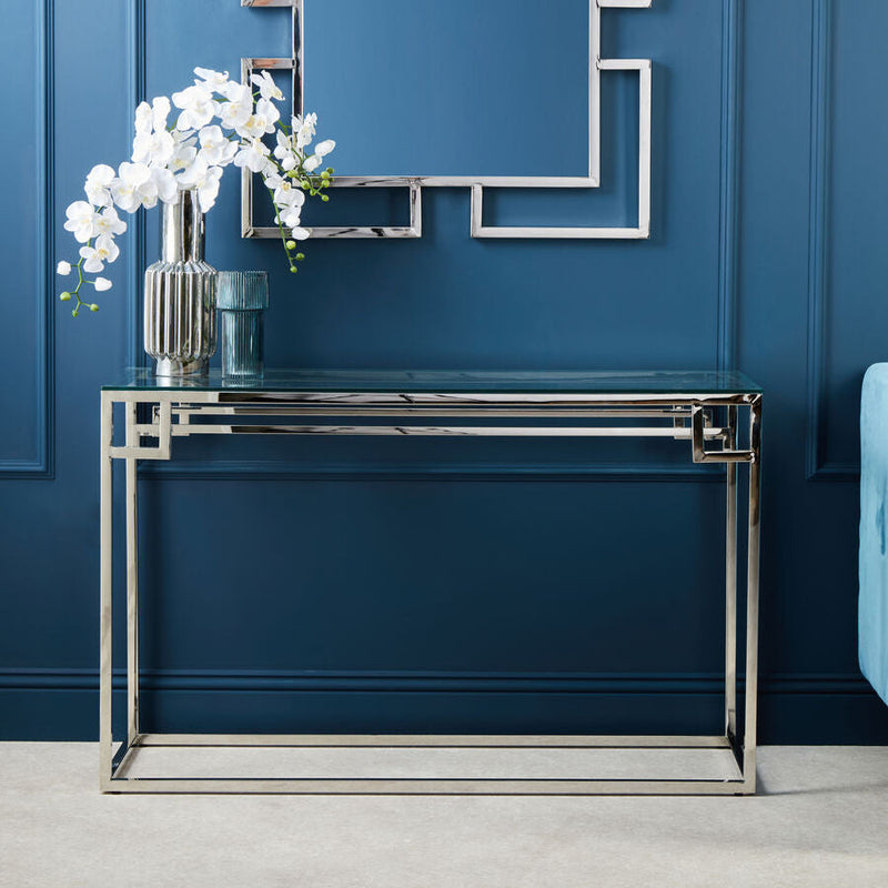 Geometric Silver Finish Stainless Steel Console Table with Tempered Glass Top | Allure