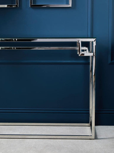 Geometric Silver Finish Stainless Steel Console Table with Tempered Glass Top | Allure